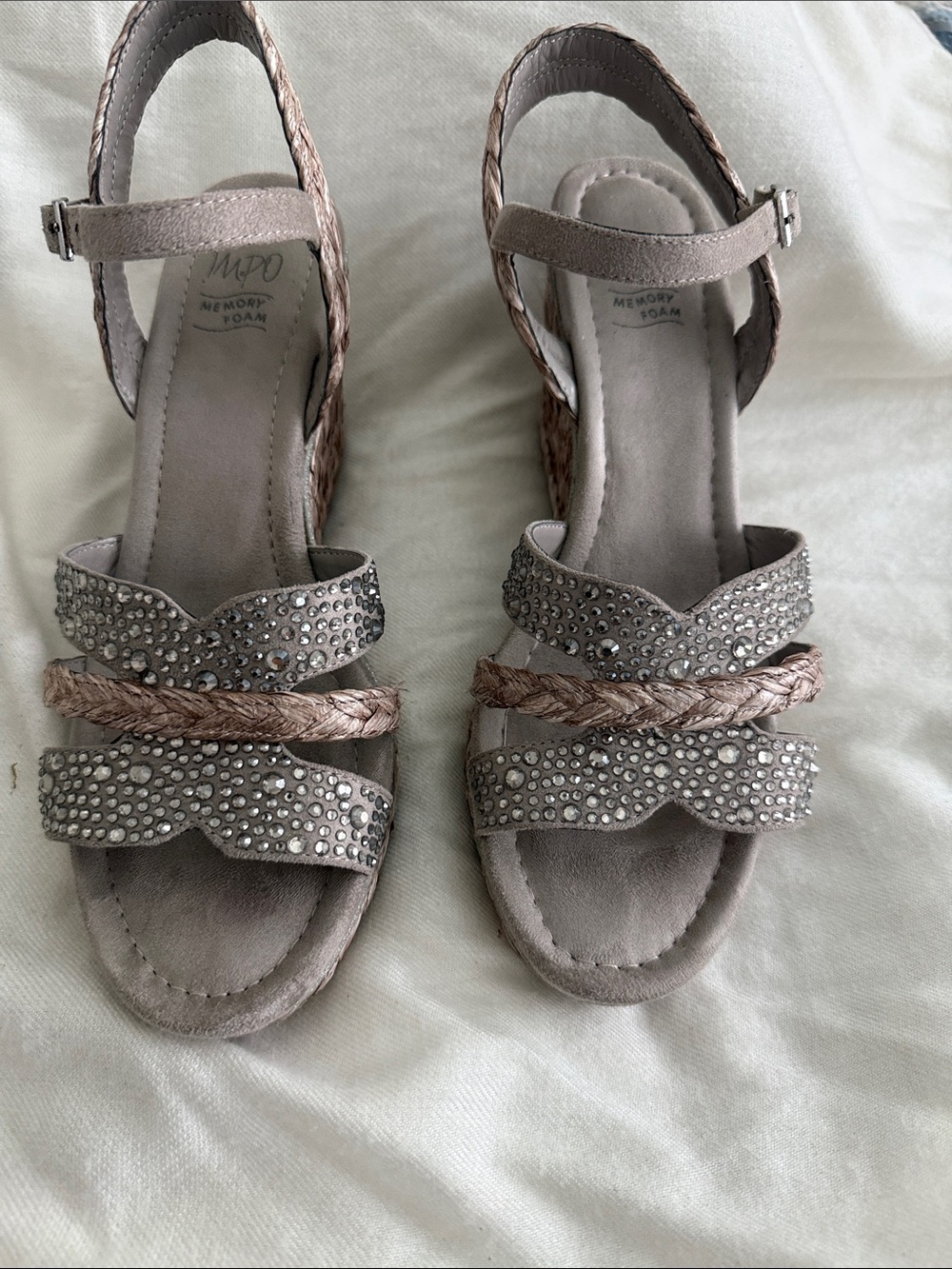 Impo Taupe Braided & Crystal-Embellished Wedge Sandals